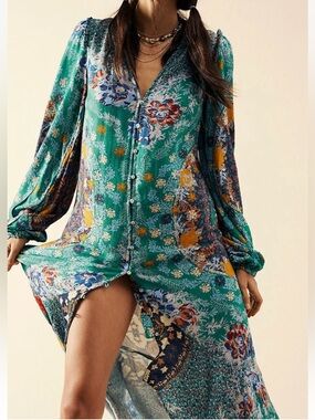 FREE PEOPLE Green Floral Maxi Dress with Red & Pink Accents